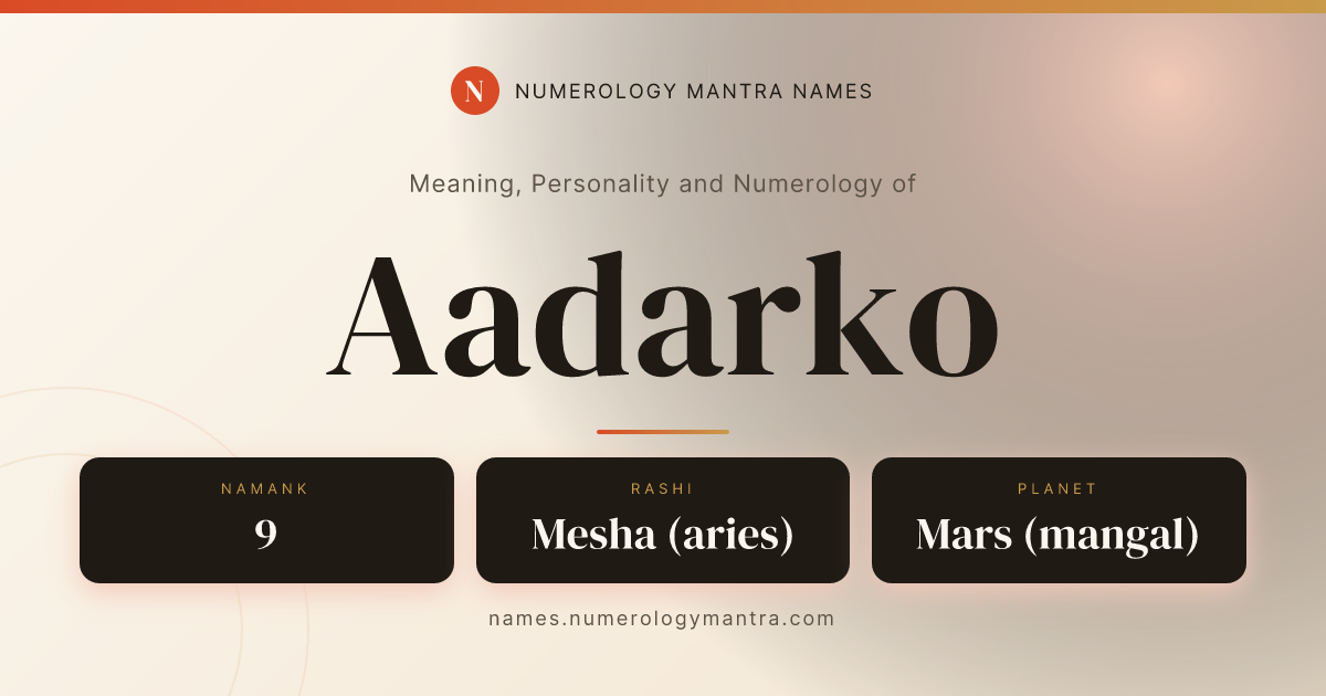 Aadarko name meaning, Namank calculation, and Vedic profile share card