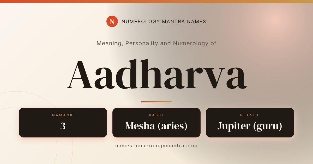 Aadharva name meaning, Namank calculation, and Vedic profile share card