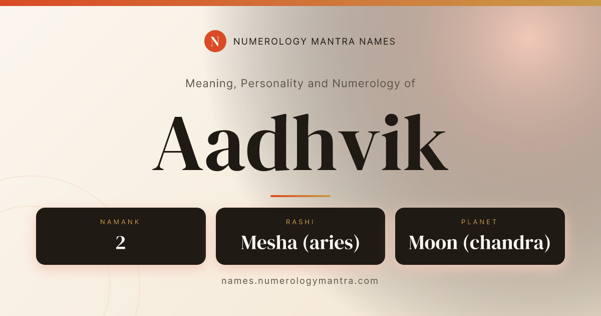 Aadhvik name meaning, Namank calculation, and Vedic profile share card