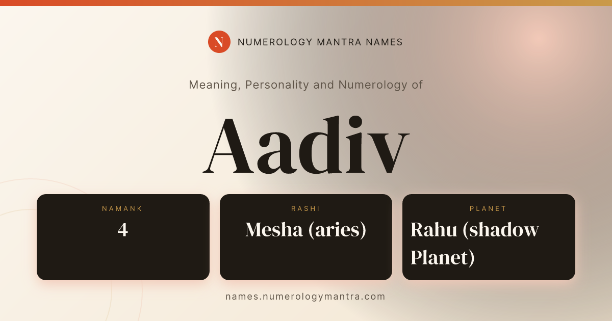 Aadiv name meaning, Namank calculation, and Vedic profile share card