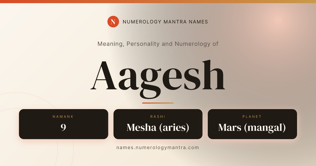 Aagesh name meaning, Namank calculation, and Vedic profile share card