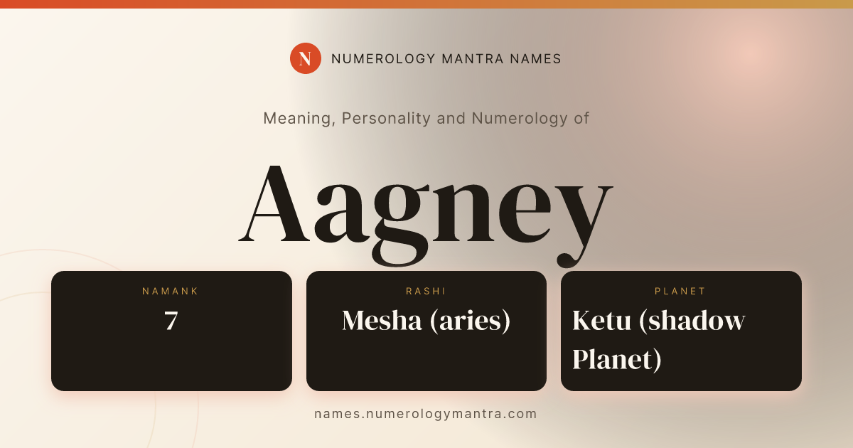 Aagney name meaning, Namank calculation, and Vedic profile share card