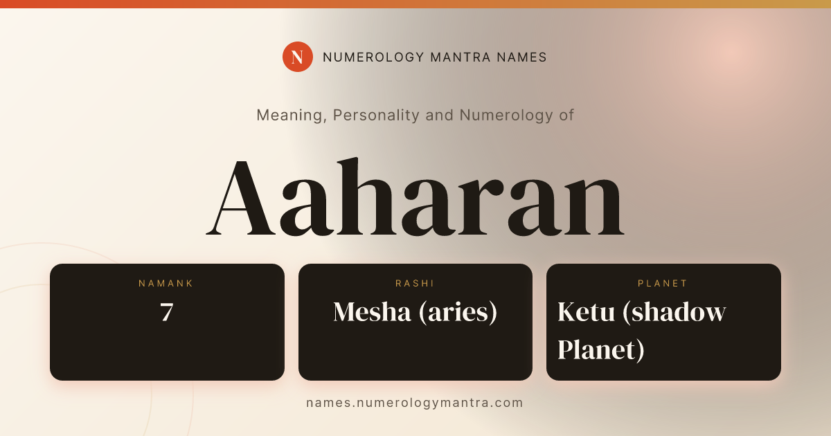 Aaharan name meaning, Namank calculation, and Vedic profile share card