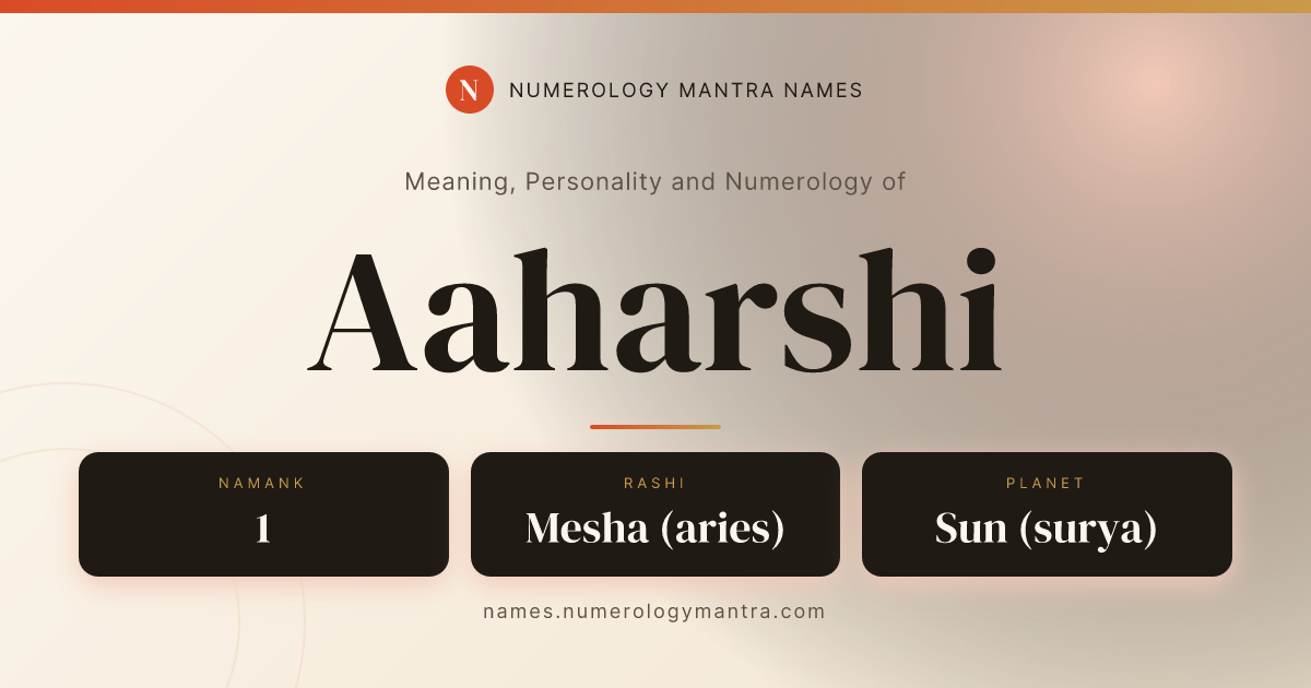 Aaharshi name meaning, Namank calculation, and Vedic profile share card