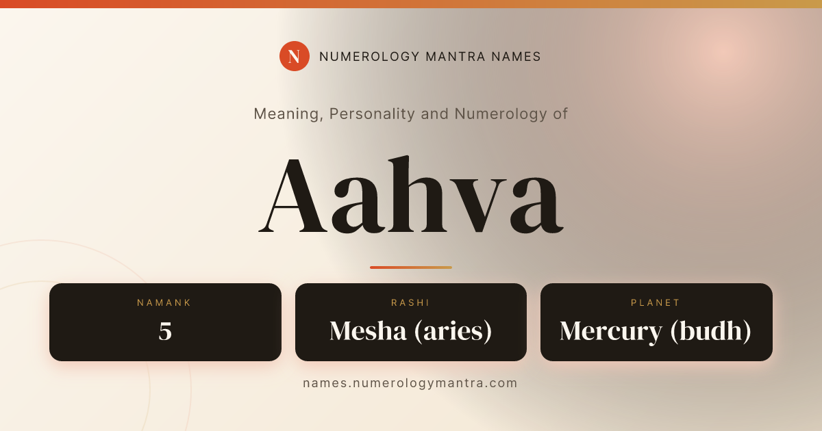 Aahva name meaning, Namank calculation, and Vedic profile share card