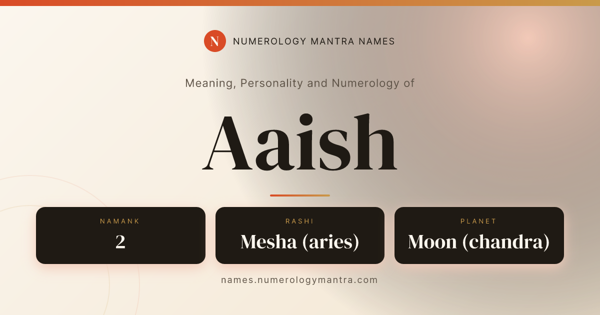 Aaish name meaning, Namank calculation, and Vedic profile share card
