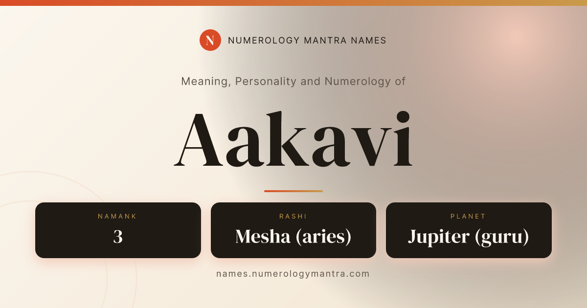 Aakavi name meaning, Namank calculation, and Vedic profile share card