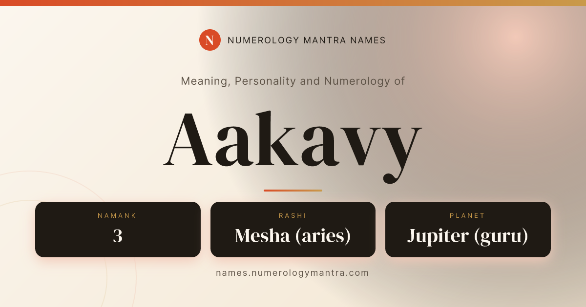 Aakavy name meaning, Namank calculation, and Vedic profile share card