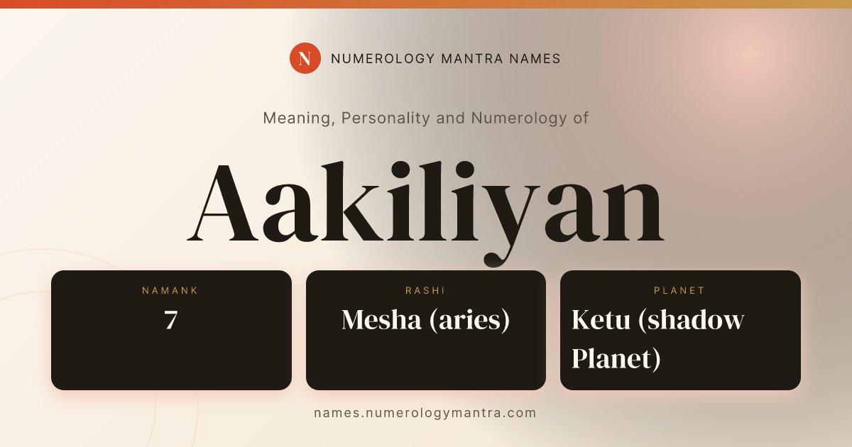 Aakiliyan name meaning, Namank calculation, and Vedic profile share card