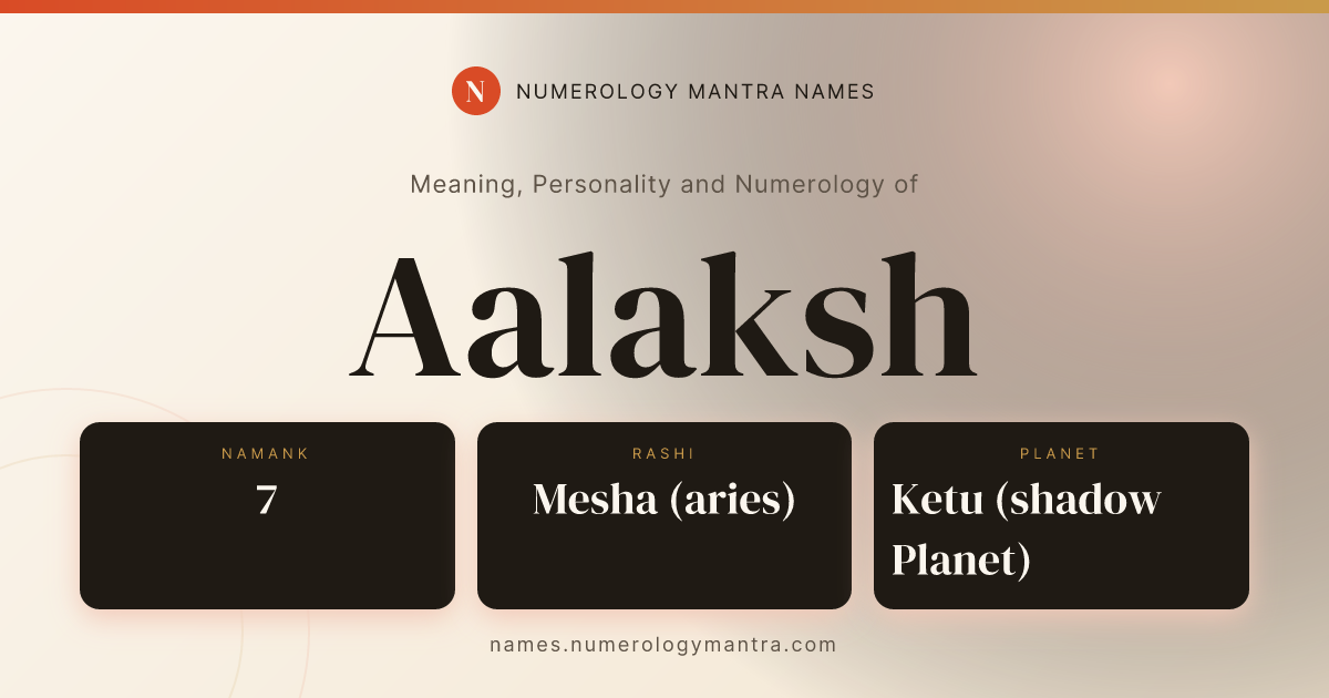 Aalaksh name meaning, Namank calculation, and Vedic profile share card