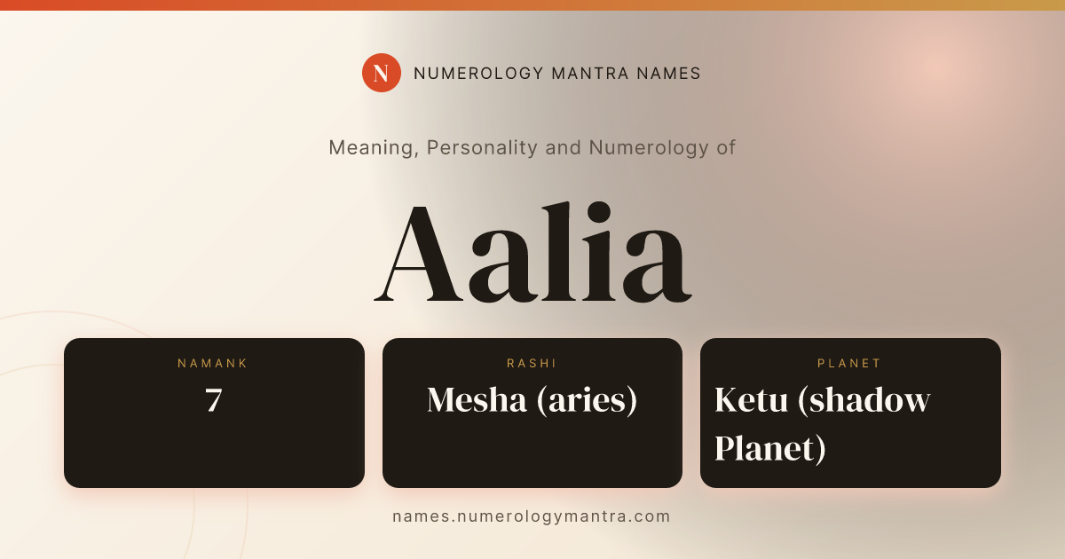 Aalia name meaning, Namank calculation, and Vedic profile share card