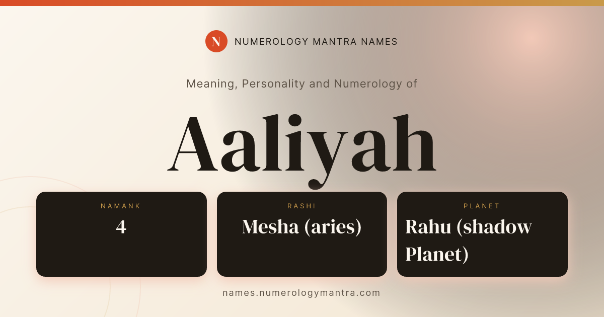 Aaliyah name meaning, Namank calculation, and Vedic profile share card