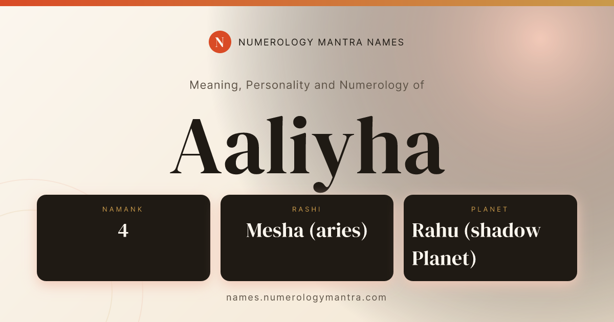 Aaliyha name meaning, Namank calculation, and Vedic profile share card