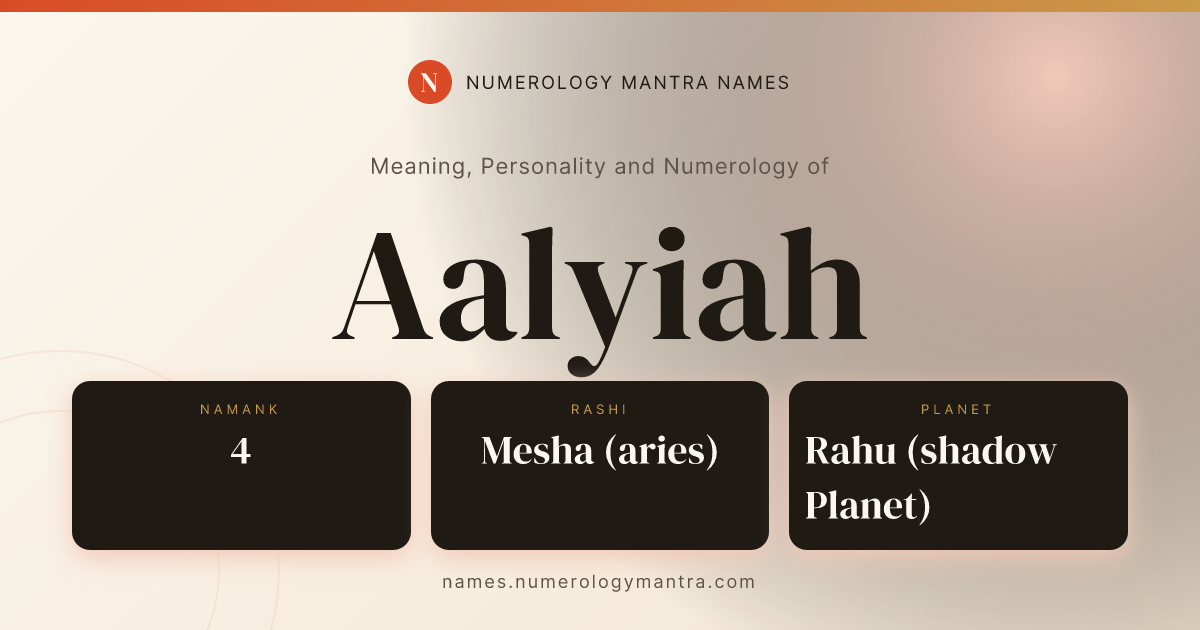 Aalyiah name meaning, Namank calculation, and Vedic profile share card