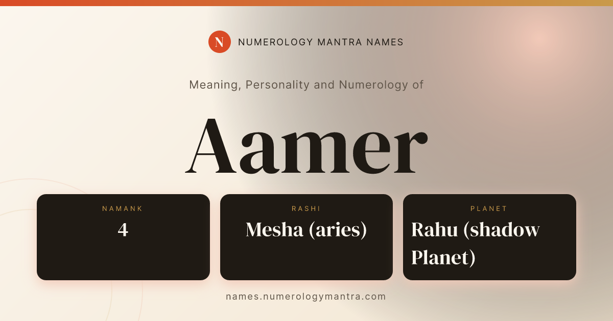 Aamer name meaning, Namank calculation, and Vedic profile share card