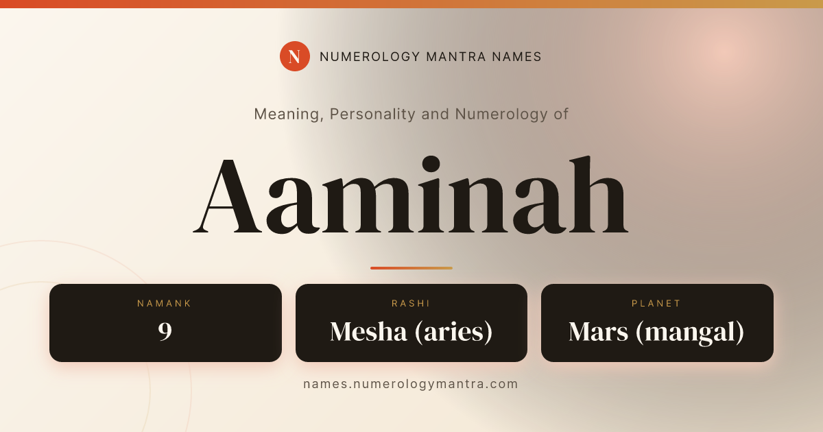 Aaminah name meaning, Namank calculation, and Vedic profile share card