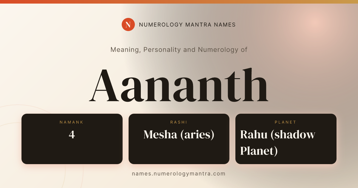 Aananth name meaning, Namank calculation, and Vedic profile share card