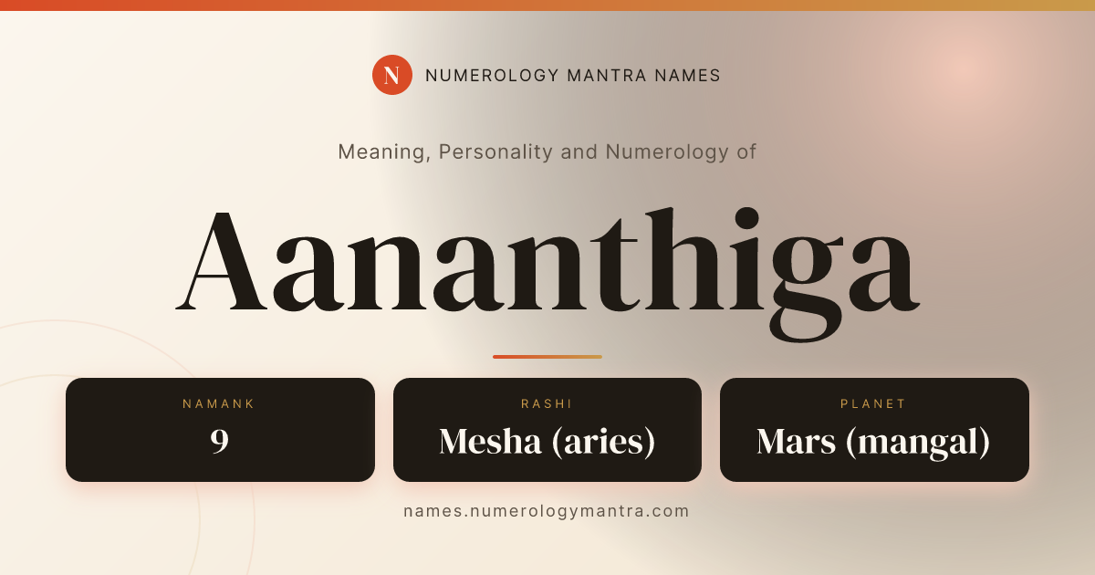 Aananthiga name meaning, Namank calculation, and Vedic profile share card