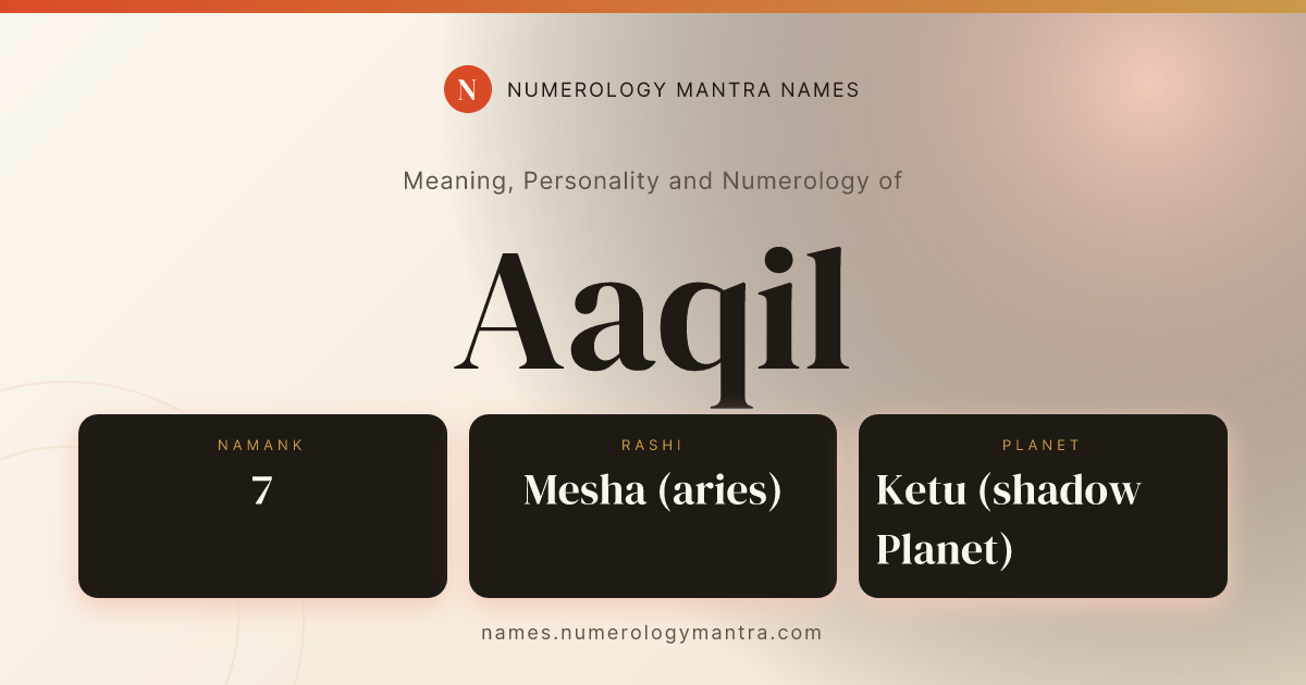 Aaqil name meaning, Namank calculation, and Vedic profile share card