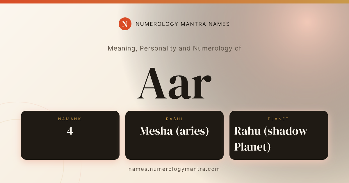 Aar name meaning, Namank calculation, and Vedic profile share card