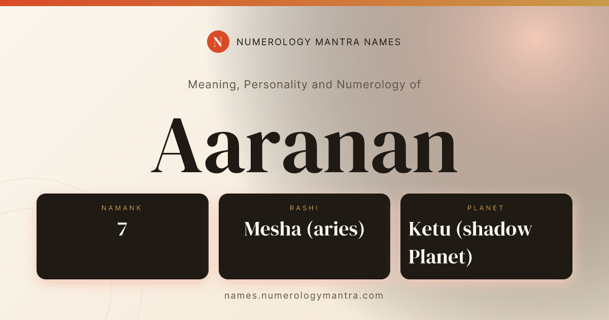 Aaranan name meaning, Namank calculation, and Vedic profile share card