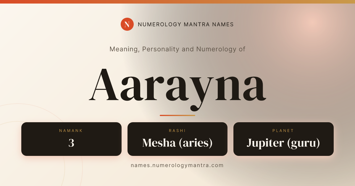 Aarayna name meaning, Namank calculation, and Vedic profile share card