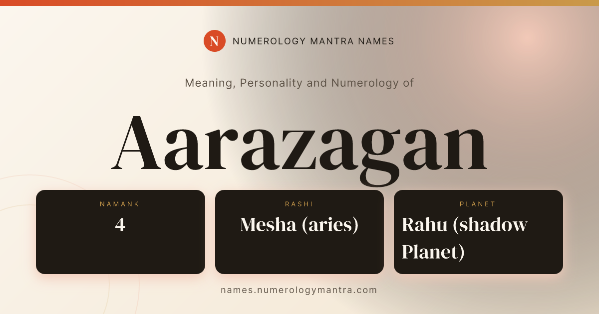 Aarazagan name meaning, Namank calculation, and Vedic profile share card