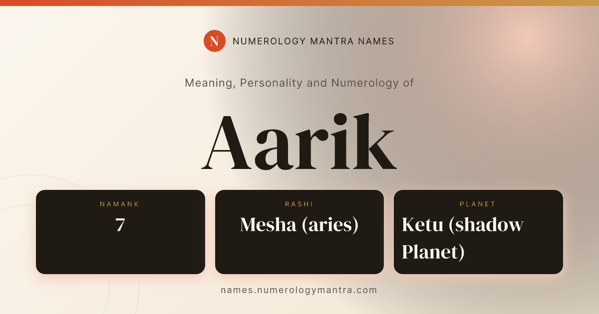 Aarik name meaning, Namank calculation, and Vedic profile share card