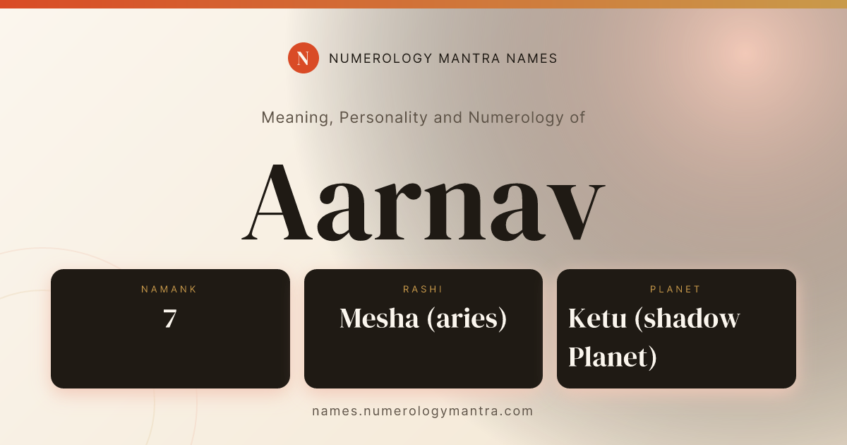 Aarnav name meaning, Namank calculation, and Vedic profile share card