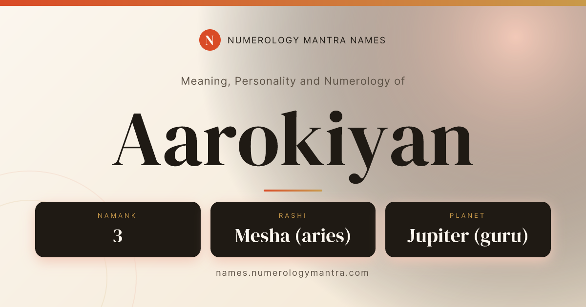 Aarokiyan name meaning, Namank calculation, and Vedic profile share card