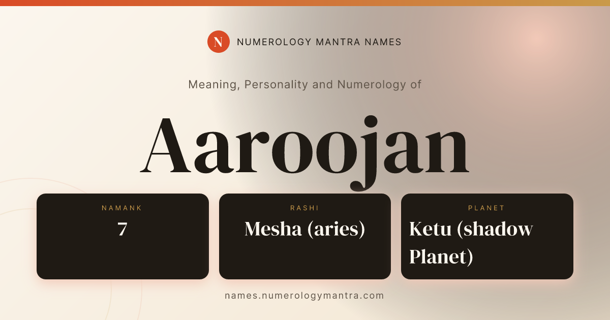 Aaroojan name meaning, Namank calculation, and Vedic profile share card