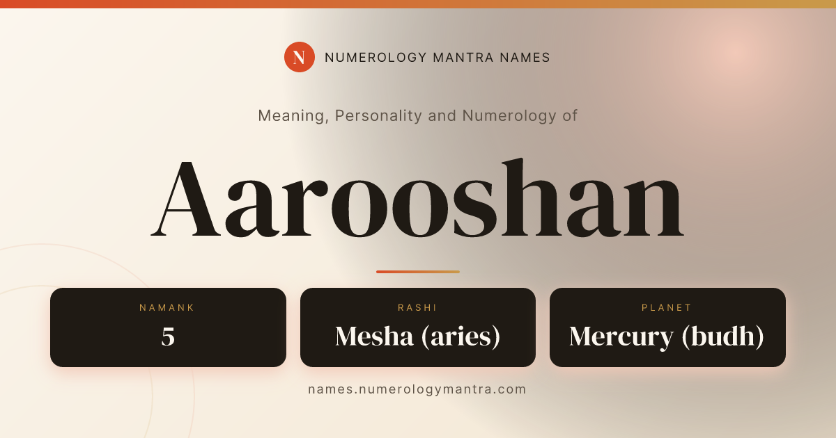 Aarooshan name meaning, Namank calculation, and Vedic profile share card