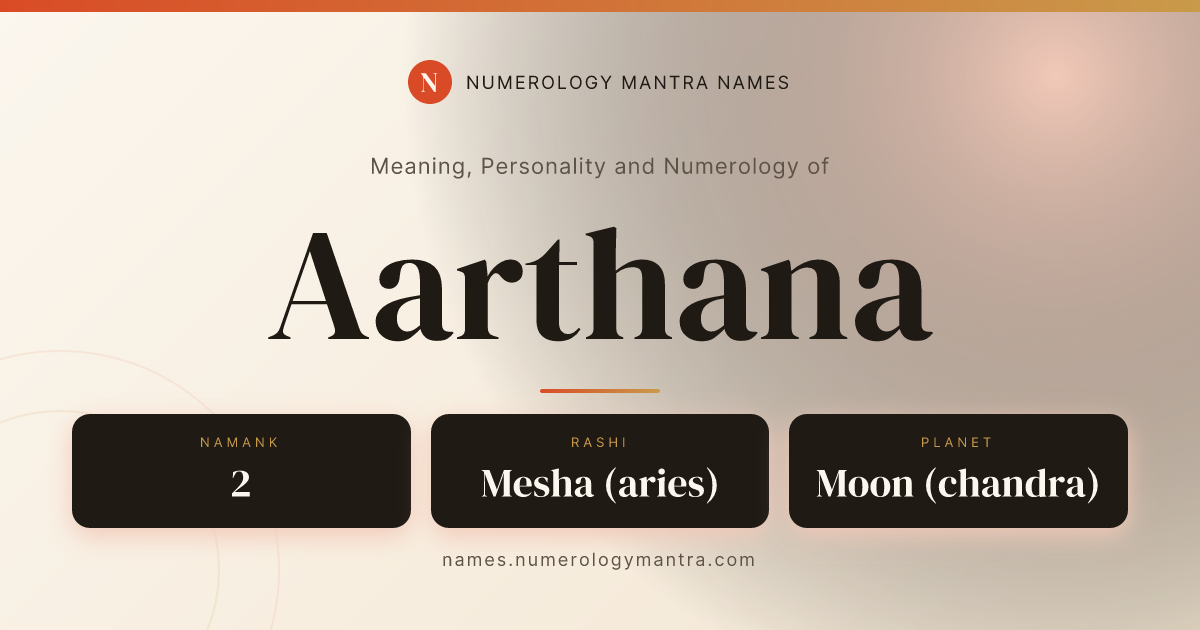 Aarthana name meaning, Namank calculation, and Vedic profile share card
