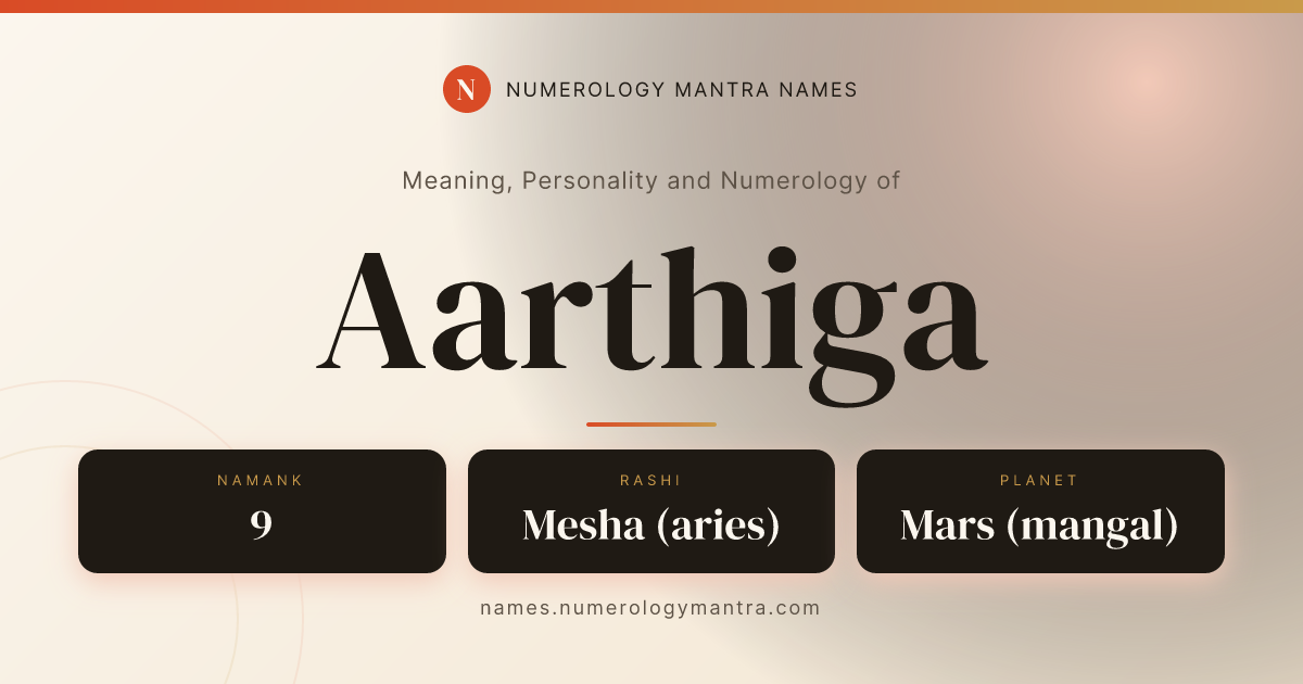 Aarthiga name meaning, Namank calculation, and Vedic profile share card