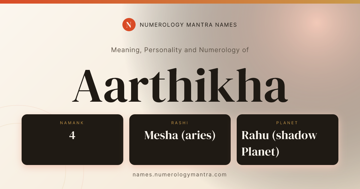 Aarthikha name meaning, Namank calculation, and Vedic profile share card