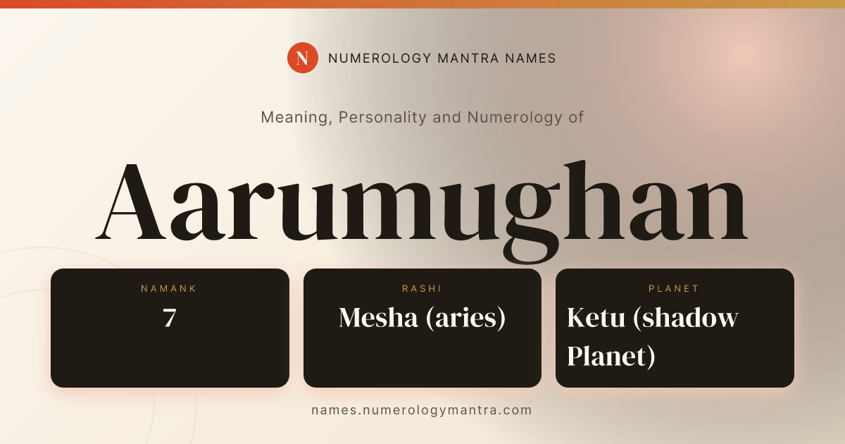 Aarumughan name meaning, Namank calculation, and Vedic profile share card