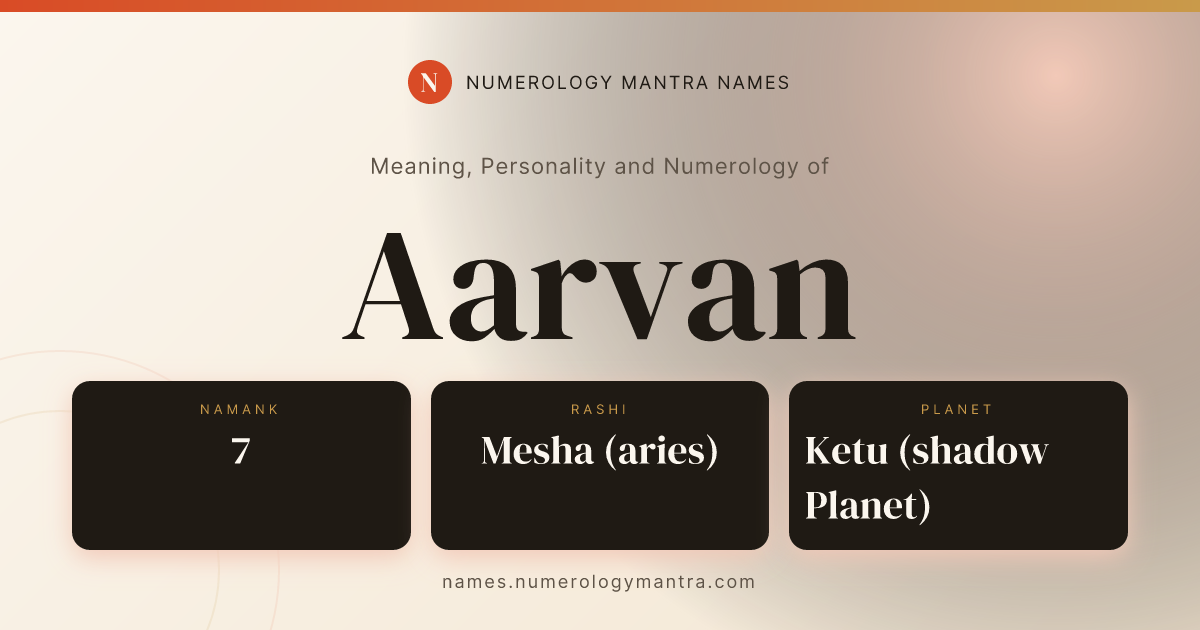 Aarvan name meaning, Namank calculation, and Vedic profile share card