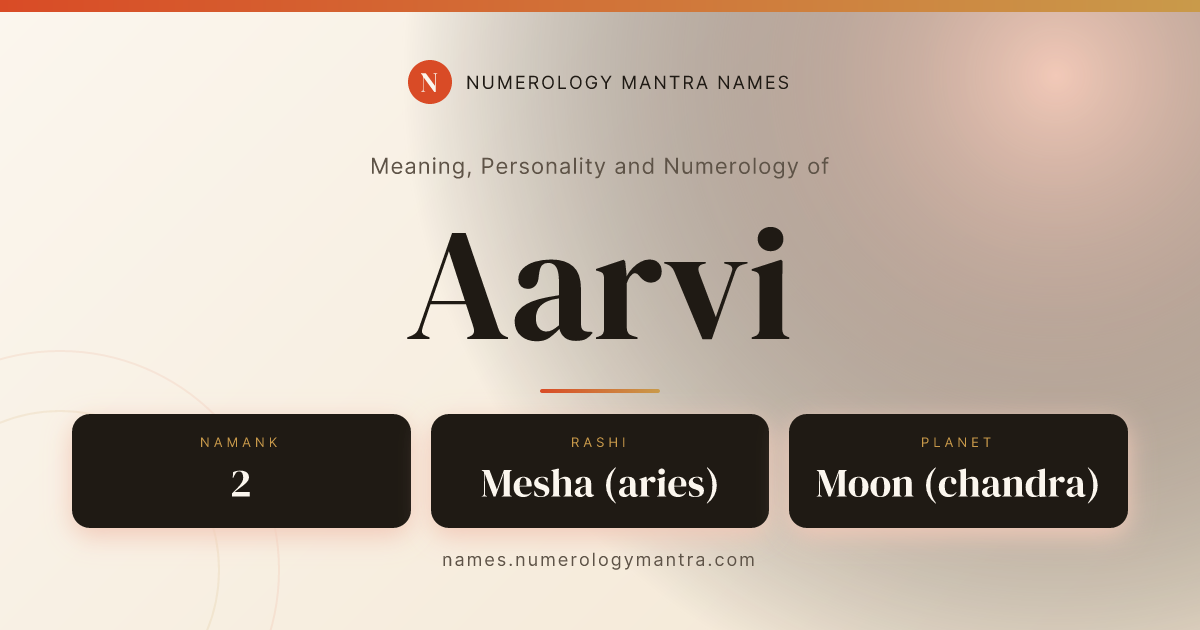 Aarvi name meaning, Namank calculation, and Vedic profile share card