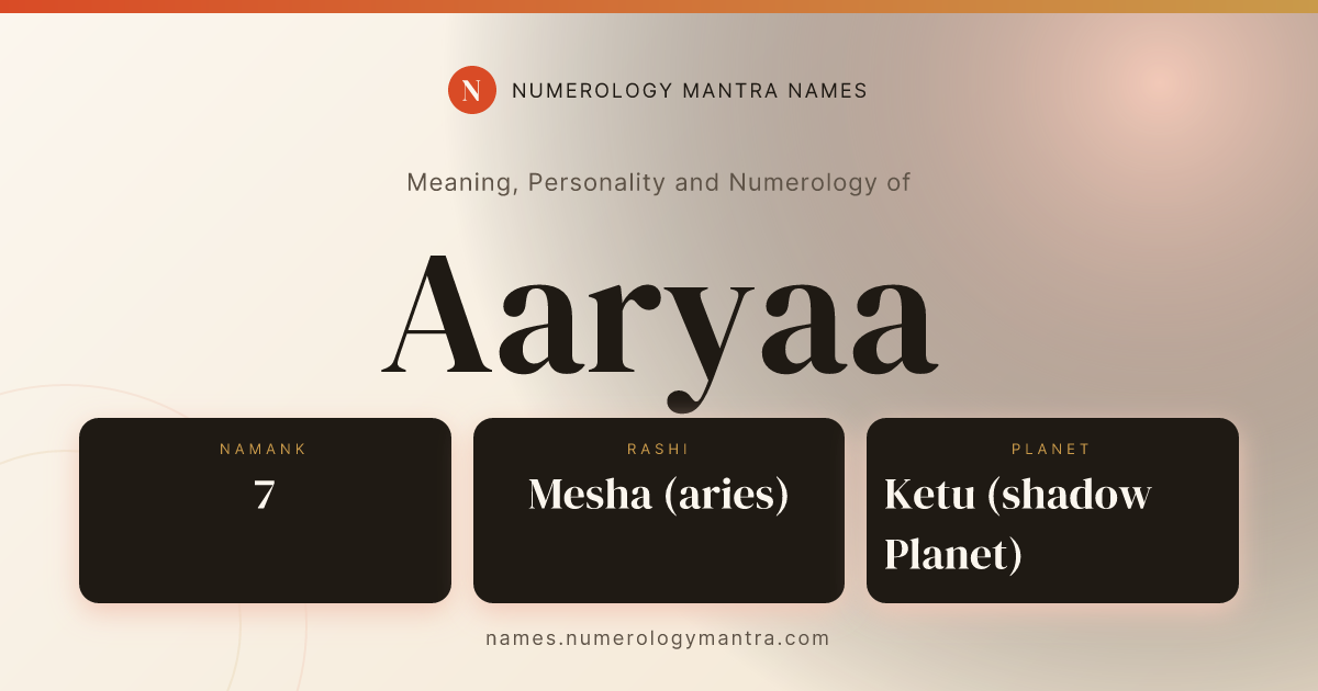 Aaryaa name meaning, Namank calculation, and Vedic profile share card