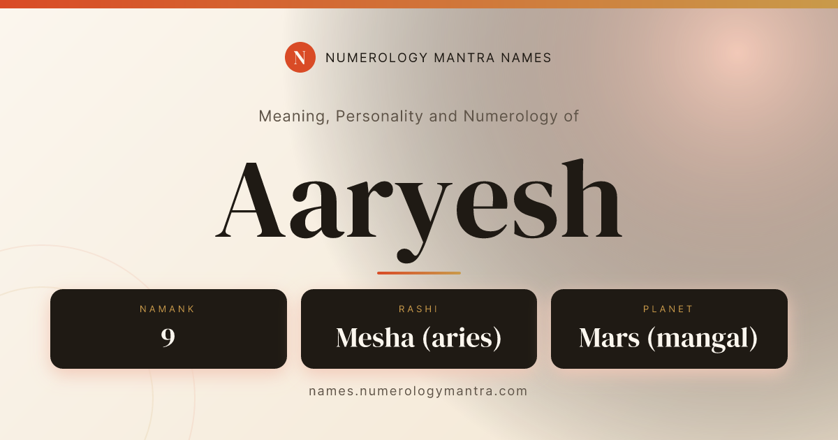 Aaryesh name meaning, Namank calculation, and Vedic profile share card