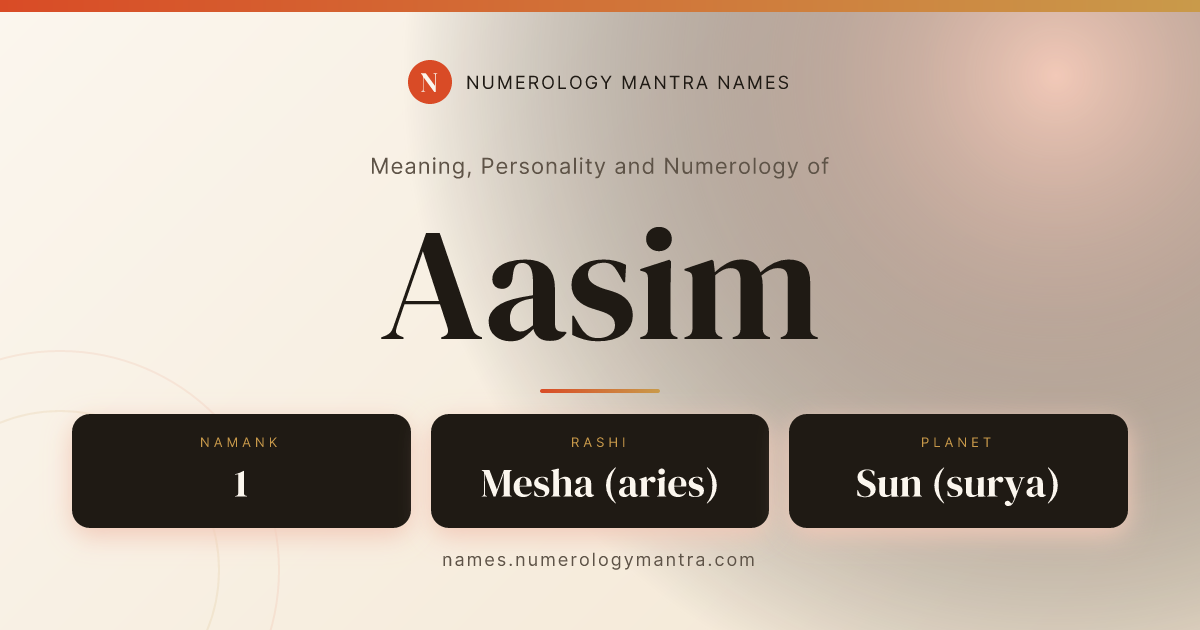 Aasim name meaning, Namank calculation, and Vedic profile share card