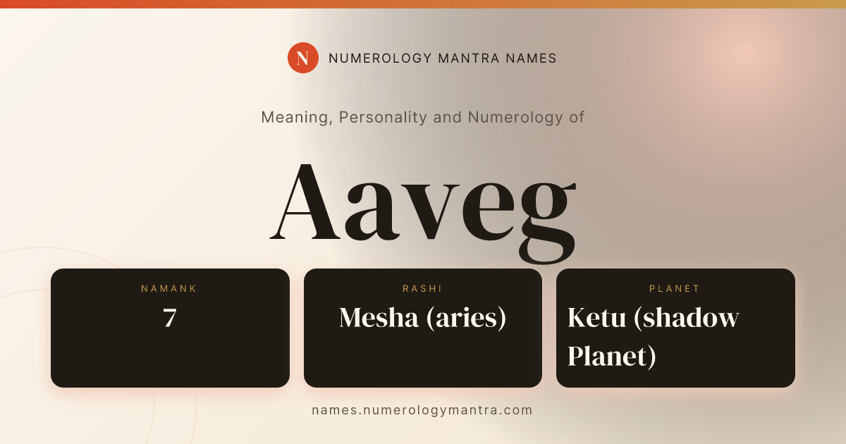 Aaveg name meaning, Namank calculation, and Vedic profile share card