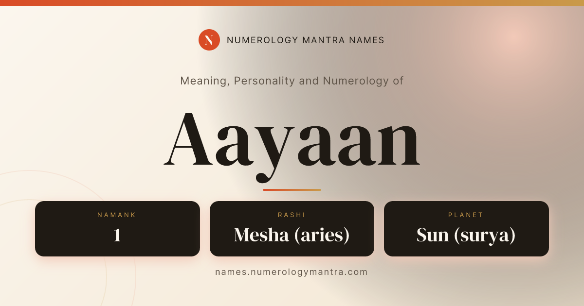 Aayaan name meaning, Namank calculation, and Vedic profile share card