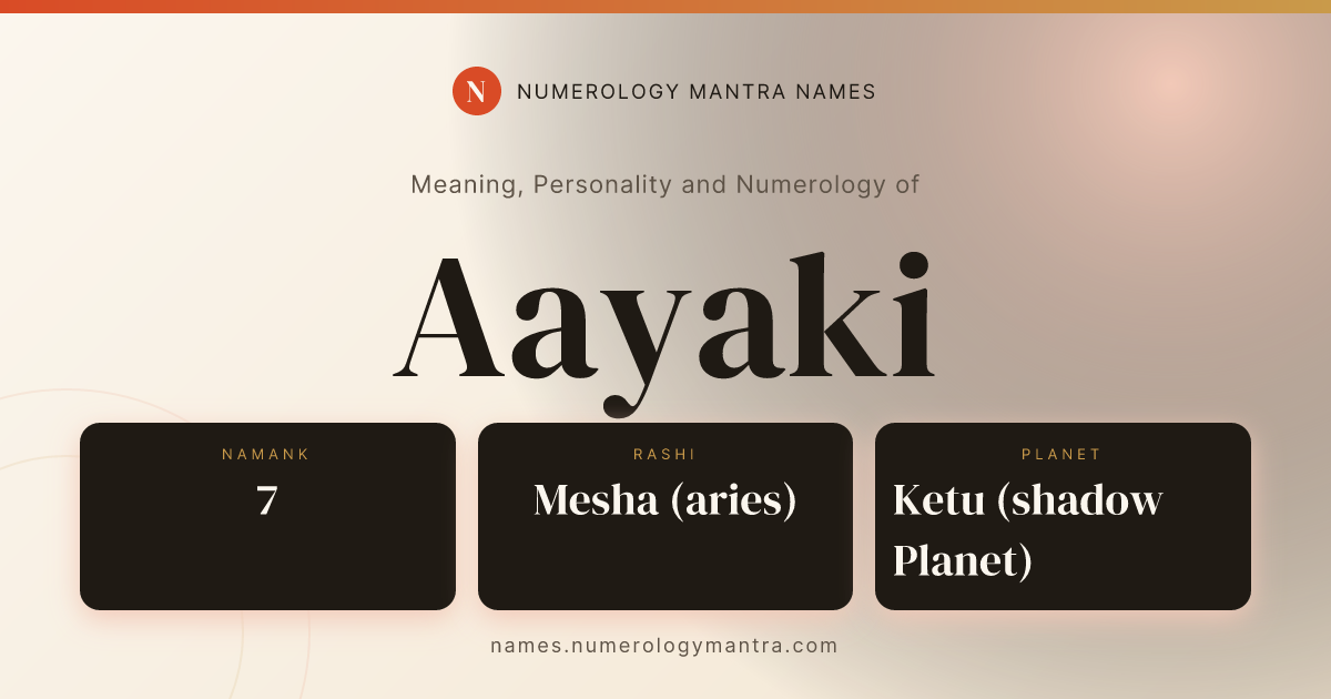 Aayaki name meaning, Namank calculation, and Vedic profile share card