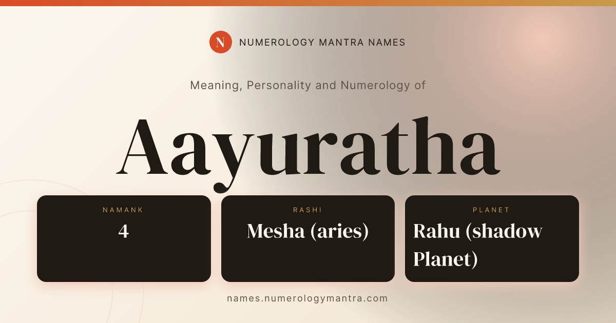 Aayuratha name meaning, Namank calculation, and Vedic profile share card