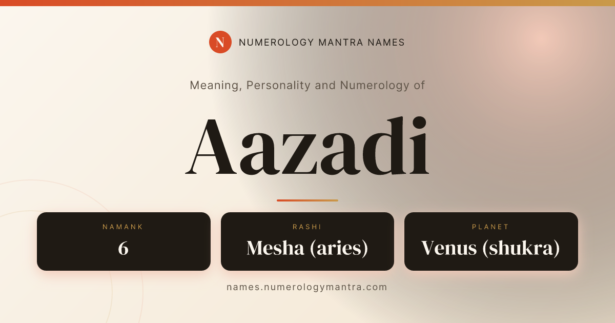 Aazadi name meaning, Namank calculation, and Vedic profile share card