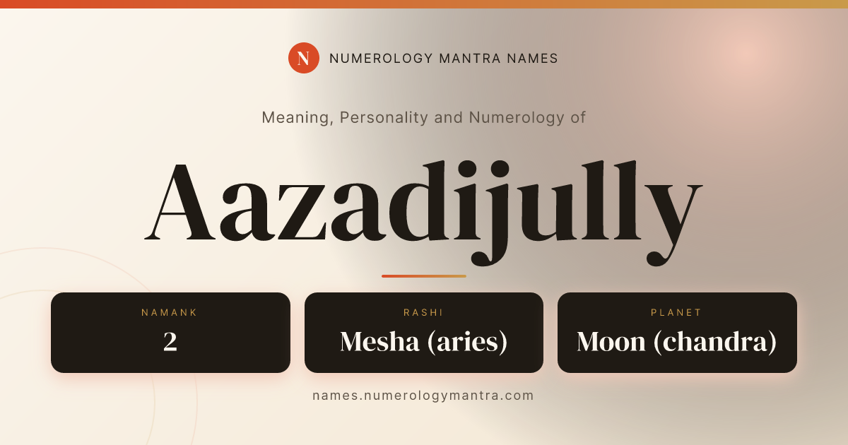 Aazadijully name meaning, Namank calculation, and Vedic profile share card