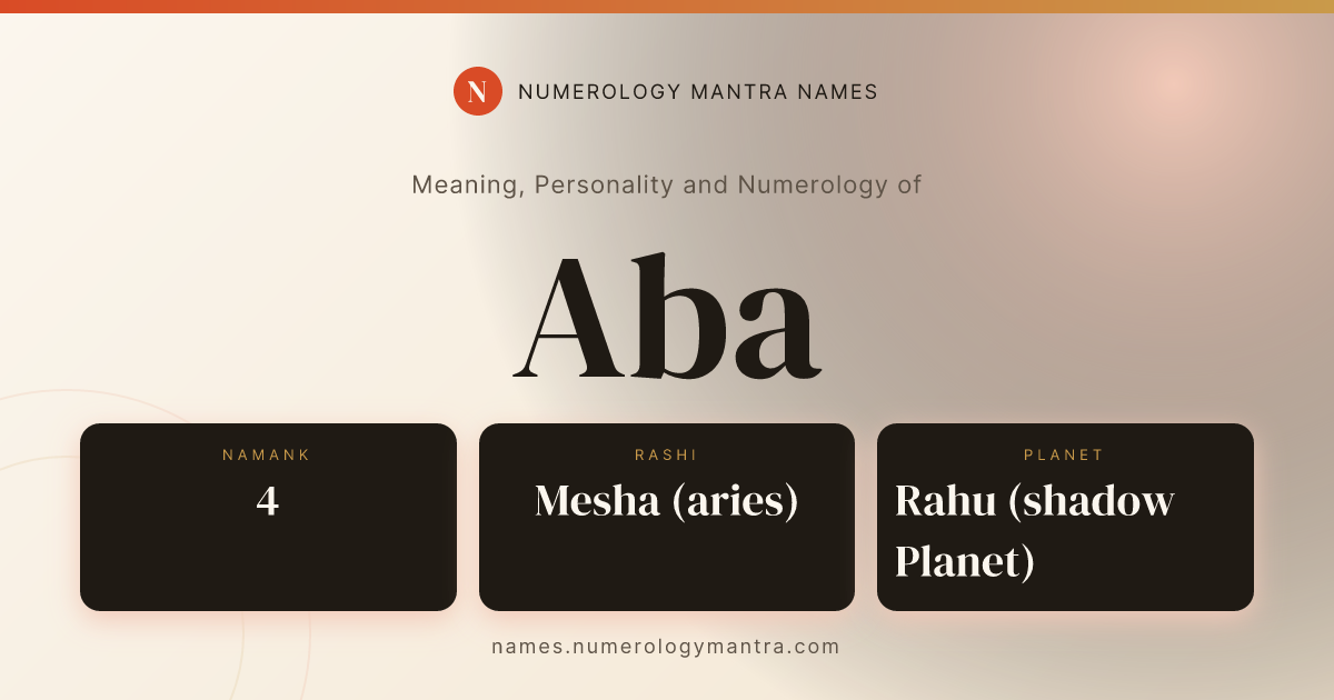 Aba name meaning, Namank calculation, and Vedic profile share card