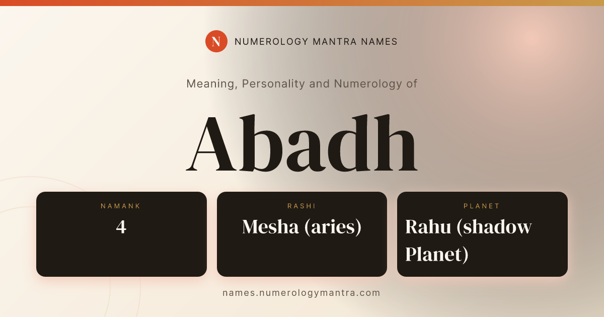 Abadh name meaning, Namank calculation, and Vedic profile share card