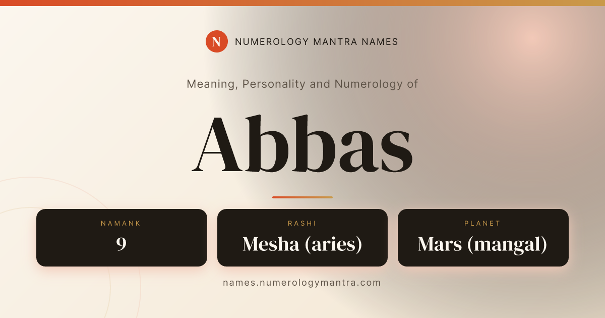 Abbas name meaning, Namank calculation, and Vedic profile share card